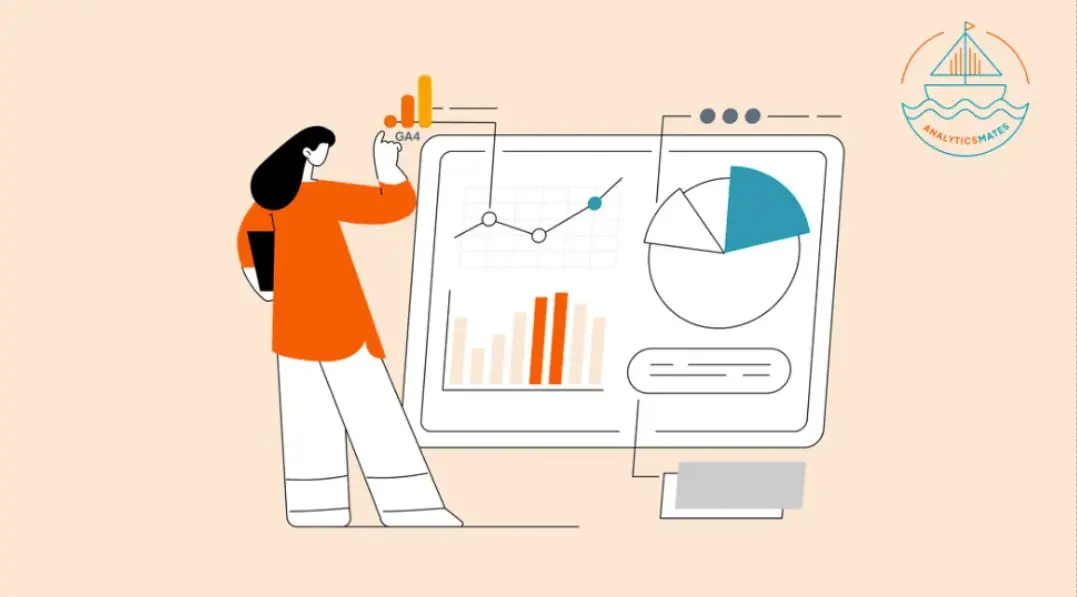 Illustration shows a woman analyzing data visualizations on a screen, including a line graph and pie chart, with the Analyticsmates logo. It represents data analysis and reporting.